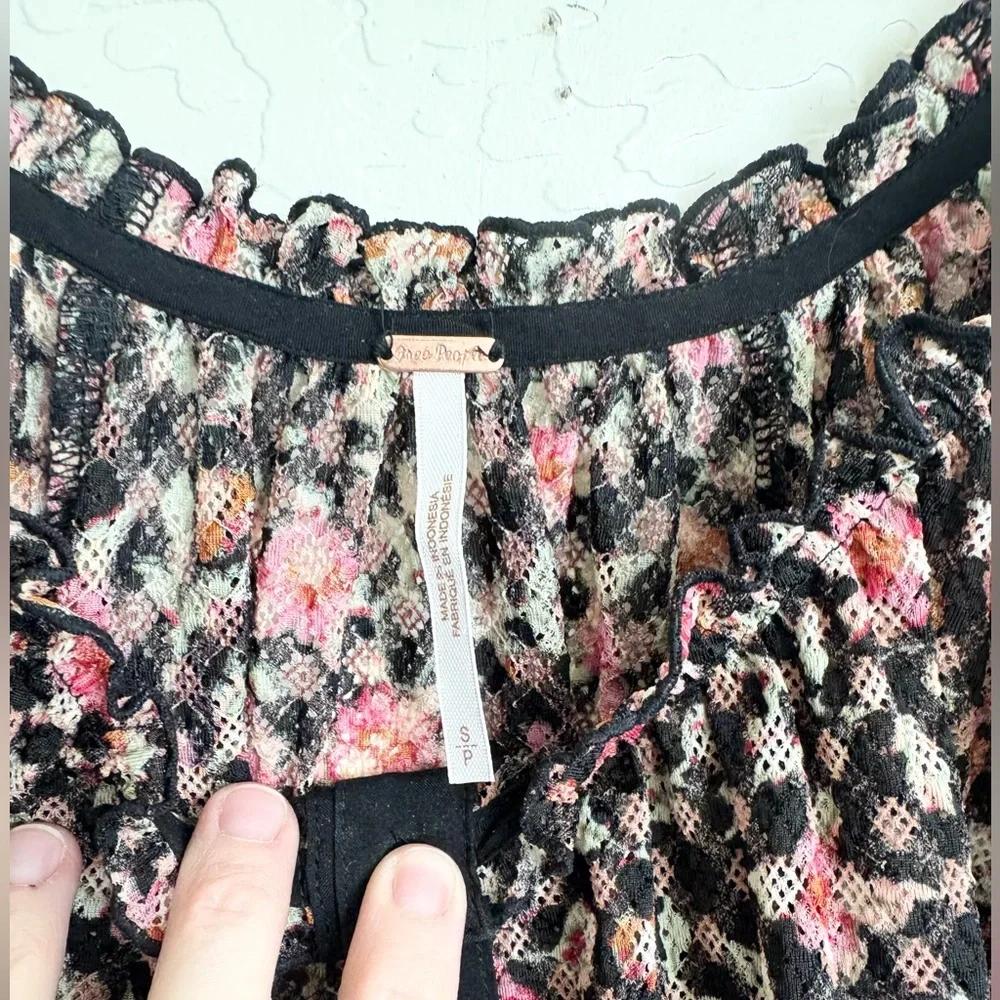 Free People Astra Peasant Top Sheer Black Floral Size Small